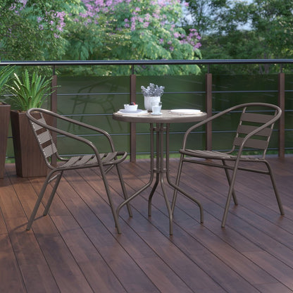 23.75'' Round Glass Top Metal Table with 2 Bronze Aluminum Slat Stack Chairs