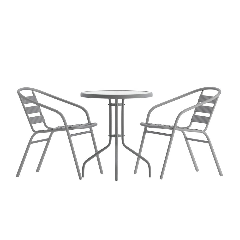 23.75'' Round Glass Top Metal Table with 2 Silver Aluminum Slat Stack Chairs
