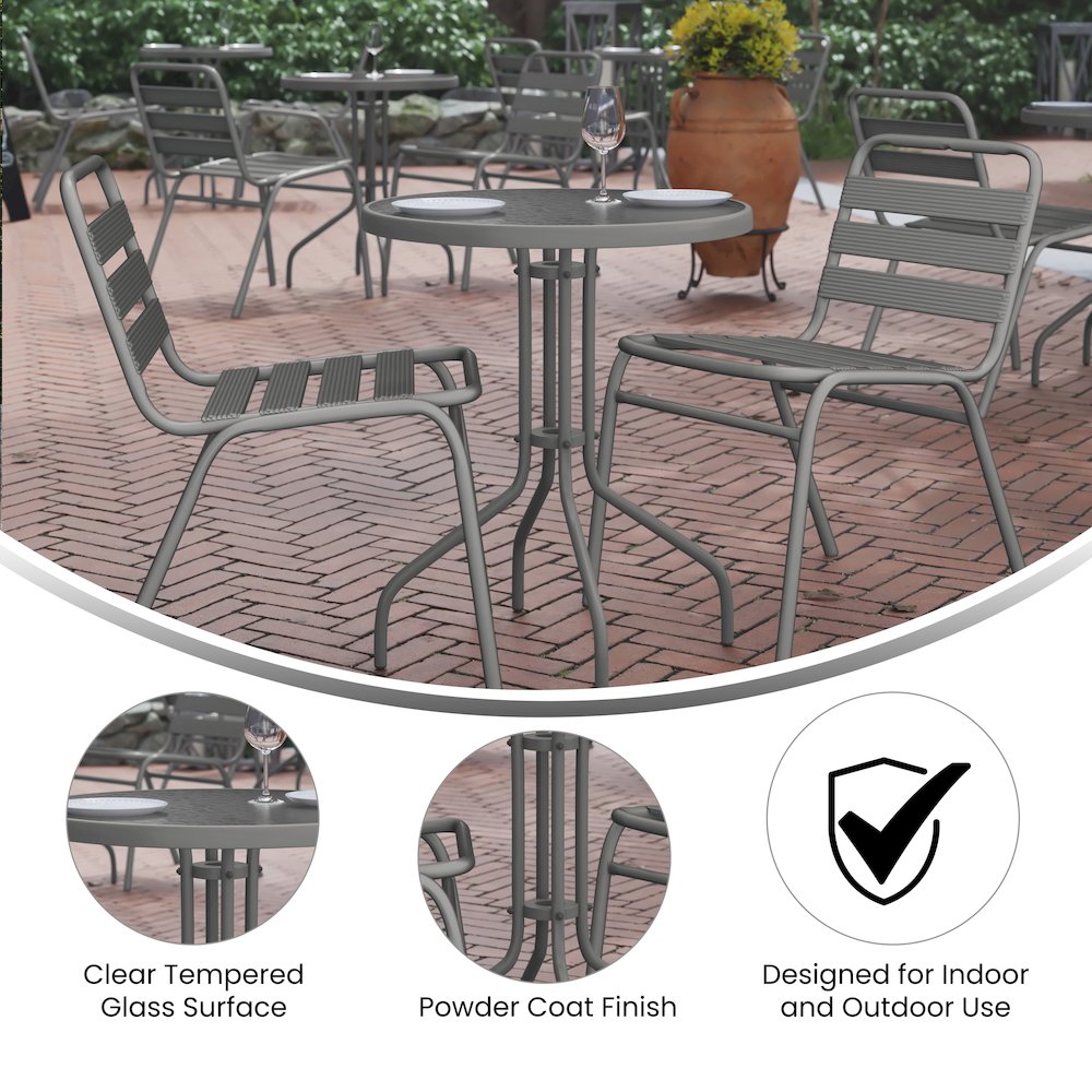 23.75'' Round Glass Top Metal Table with 2 Silver Aluminum Slat Stack Chairs