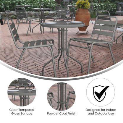 23.75'' Round Glass Top Metal Table with 2 Silver Aluminum Slat Stack Chairs