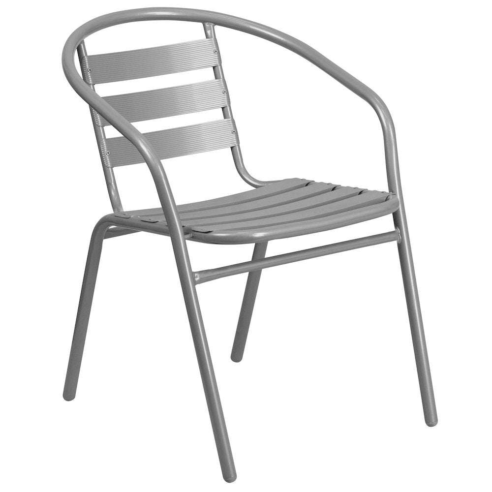 23.75'' Round Glass Top Metal Table with 2 Silver Aluminum Slat Stack Chairs