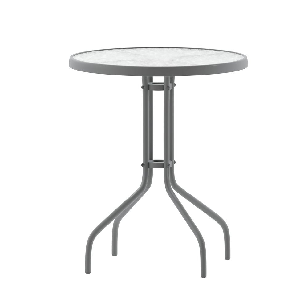 23.75'' Round Glass Top Metal Table with 2 Silver Aluminum Slat Stack Chairs