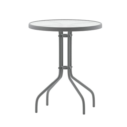 23.75'' Round Glass Top Metal Table with 2 Silver Aluminum Slat Stack Chairs
