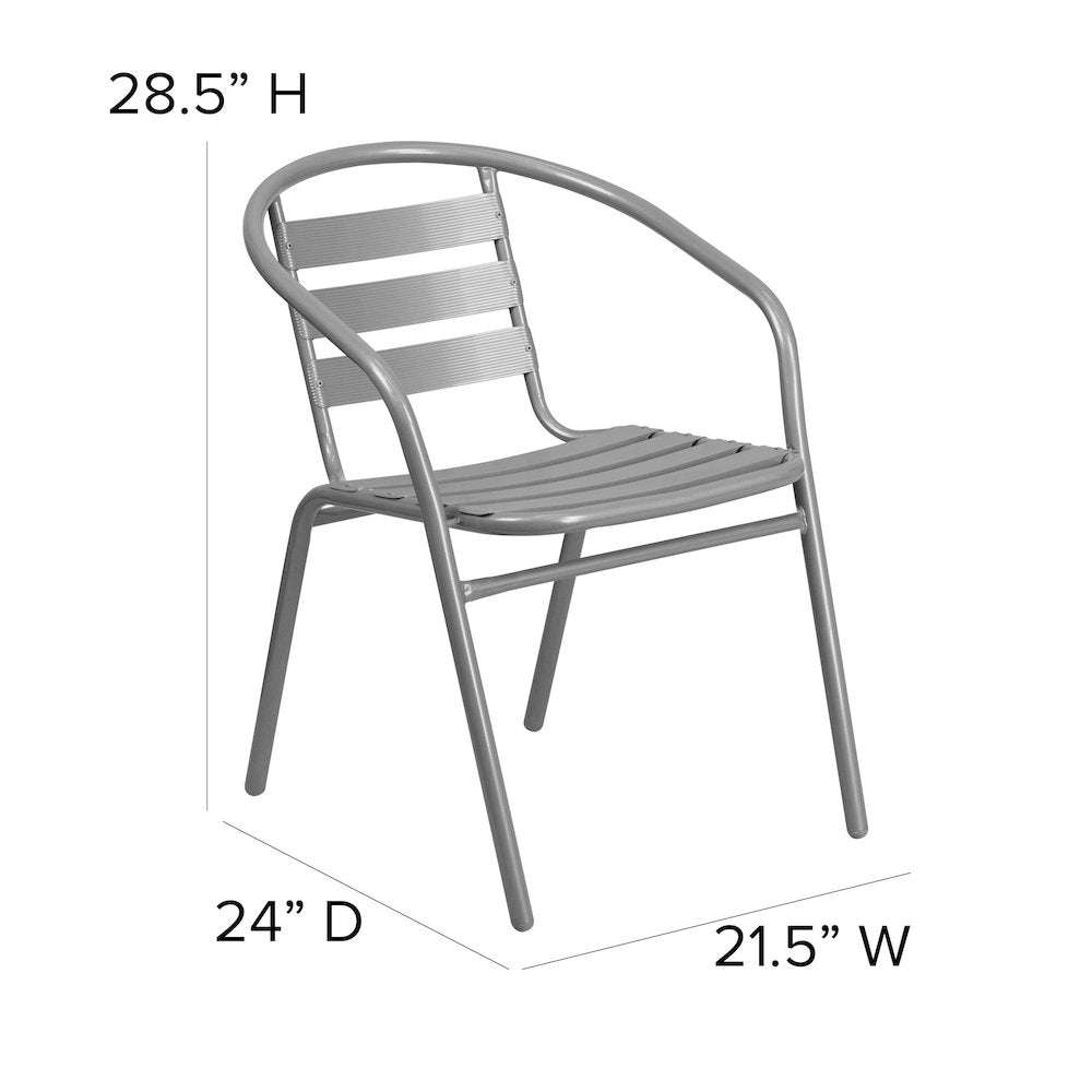 23.75'' Round Glass Top Metal Table with 2 Silver Aluminum Slat Stack Chairs