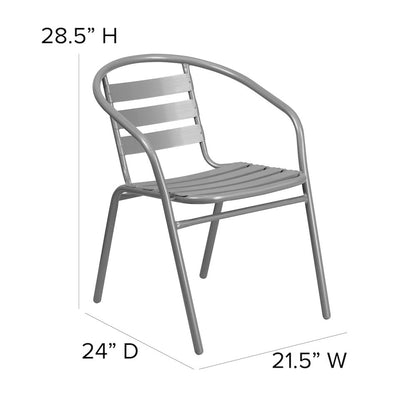 23.75'' Round Glass Top Metal Table with 2 Silver Aluminum Slat Stack Chairs