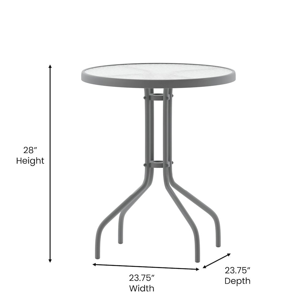 23.75'' Round Glass Top Metal Table with 2 Silver Aluminum Slat Stack Chairs