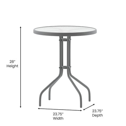 23.75'' Round Glass Top Metal Table with 2 Silver Aluminum Slat Stack Chairs