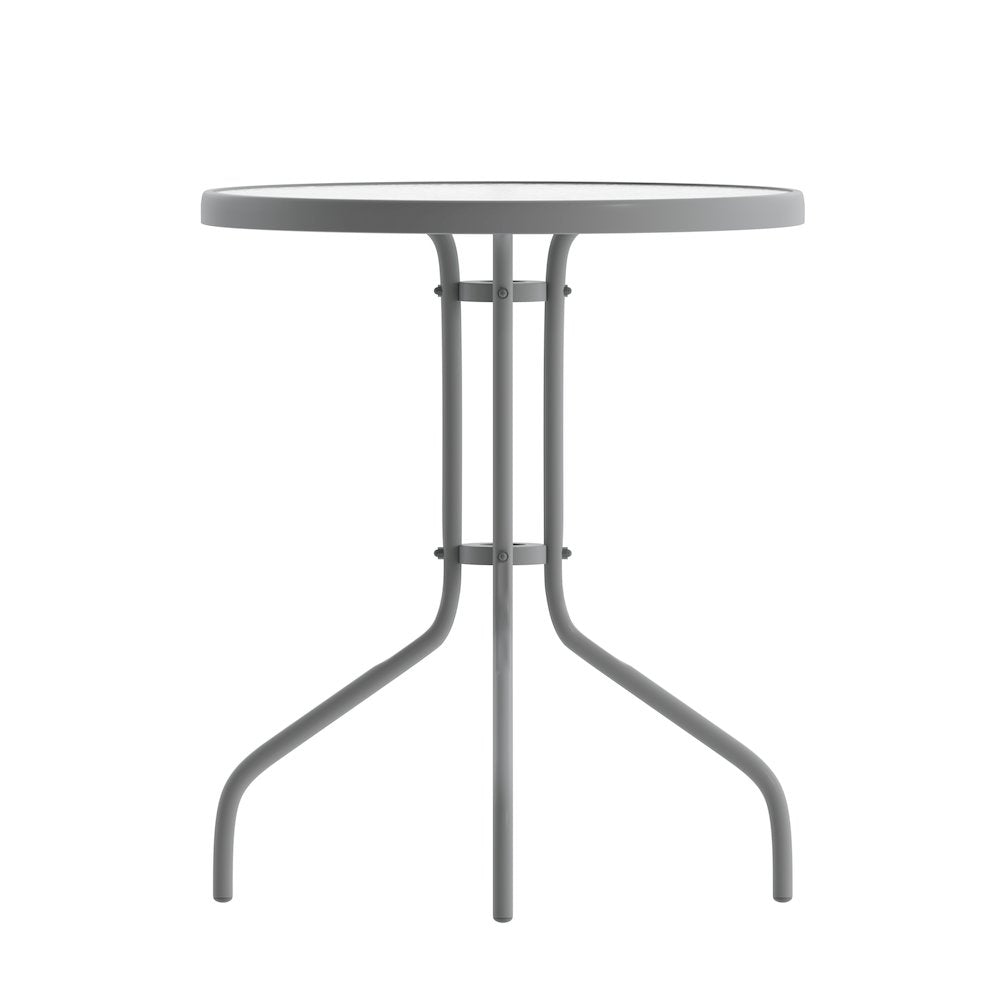 23.75'' Round Glass Top Metal Table with 2 Silver Aluminum Slat Stack Chairs