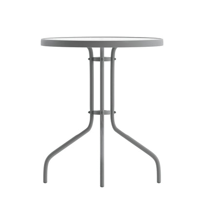 23.75'' Round Glass Top Metal Table with 2 Silver Aluminum Slat Stack Chairs