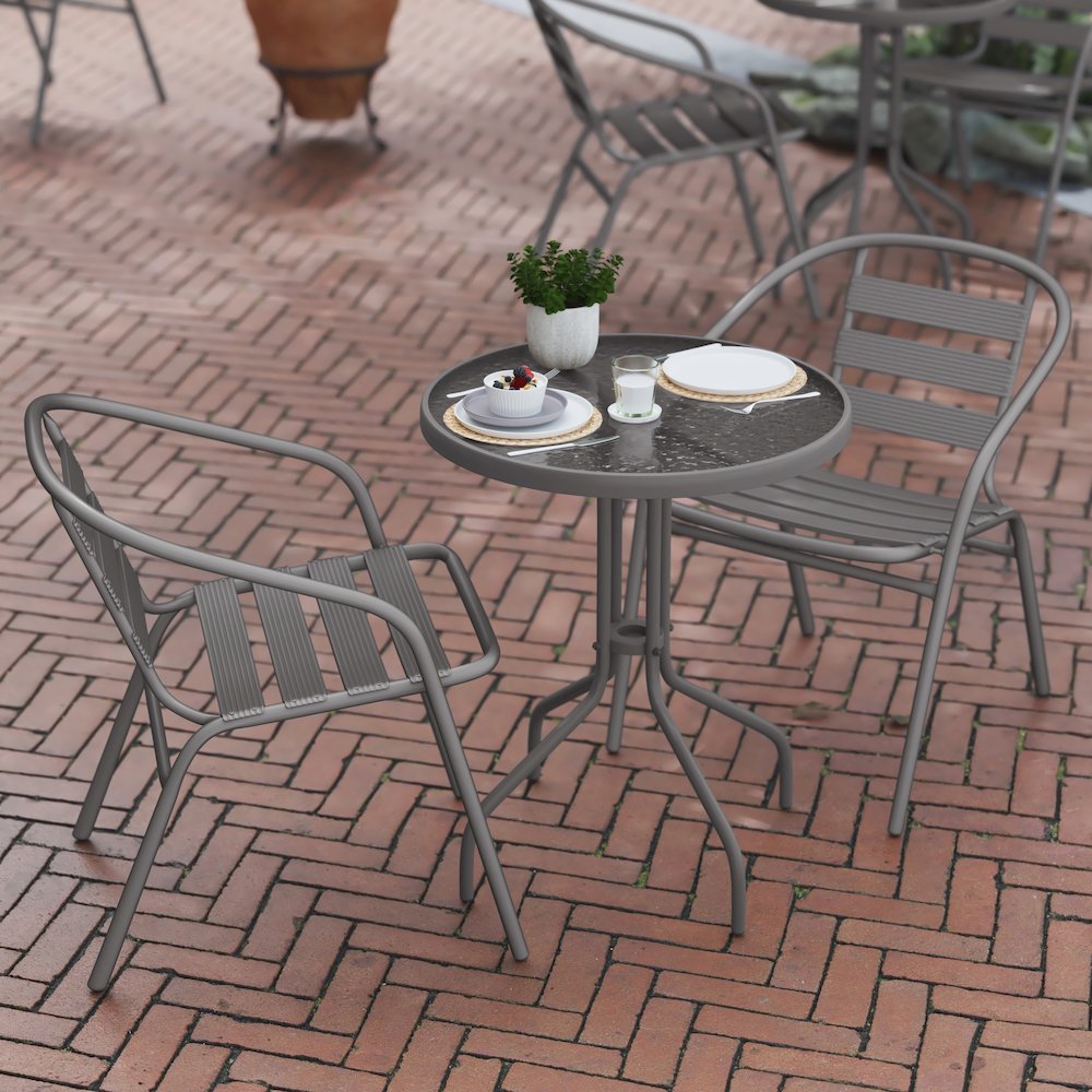 23.75'' Round Glass Top Metal Table with 2 Silver Aluminum Slat Stack Chairs