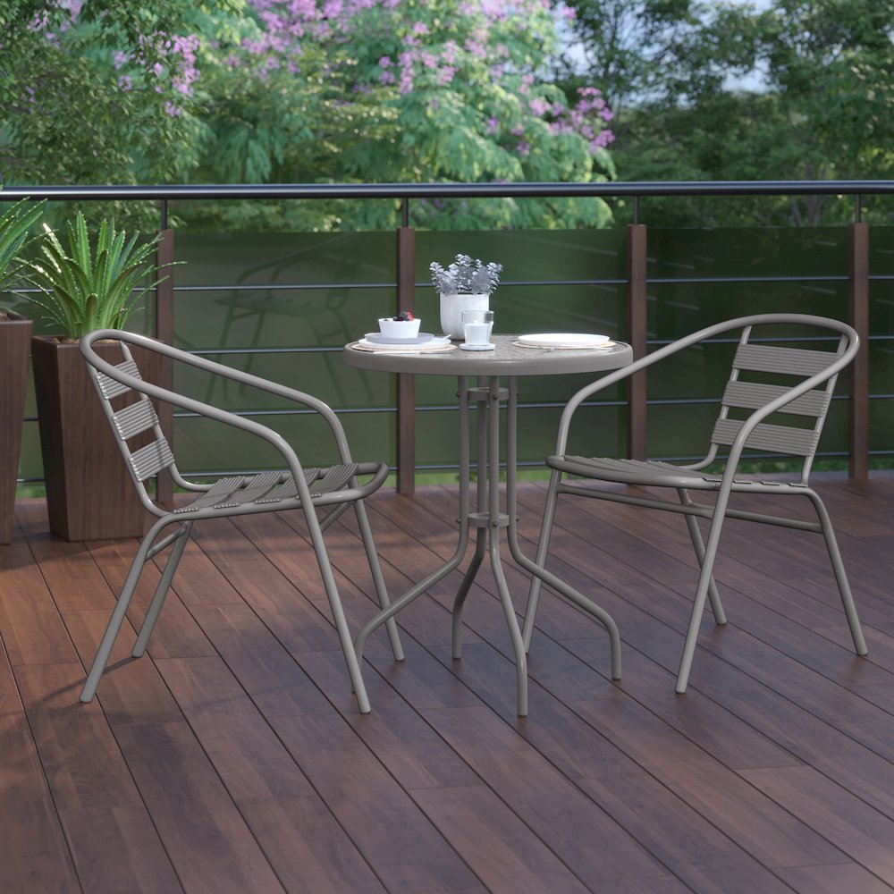 23.75'' Round Glass Top Metal Table with 2 Silver Aluminum Slat Stack Chairs