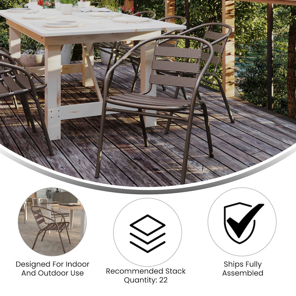 Lila 31.5'' Round Glass Top Metal Table with 4 Bronze Aluminum Slat Stack Chairs