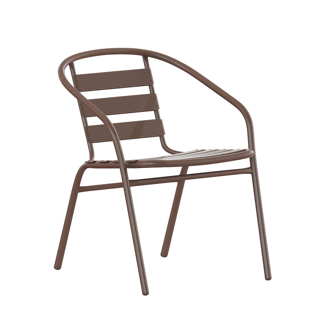 Lila 31.5'' Round Glass Top Metal Table with 4 Bronze Aluminum Slat Stack Chairs