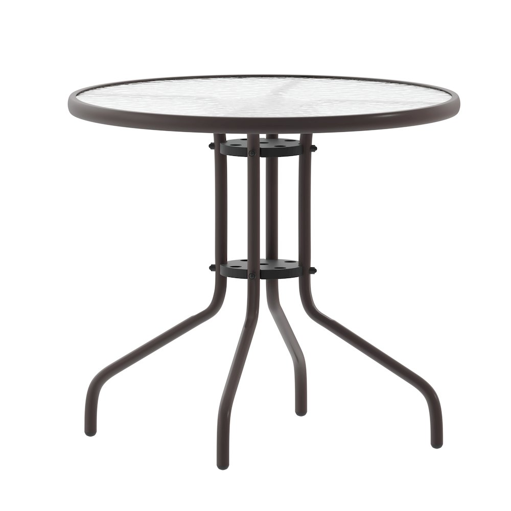Lila 31.5'' Round Glass Top Metal Table with 4 Bronze Aluminum Slat Stack Chairs