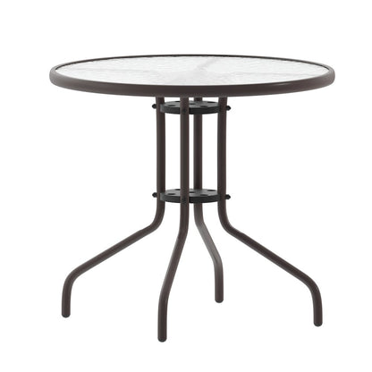 Lila 31.5'' Round Glass Top Metal Table with 4 Bronze Aluminum Slat Stack Chairs