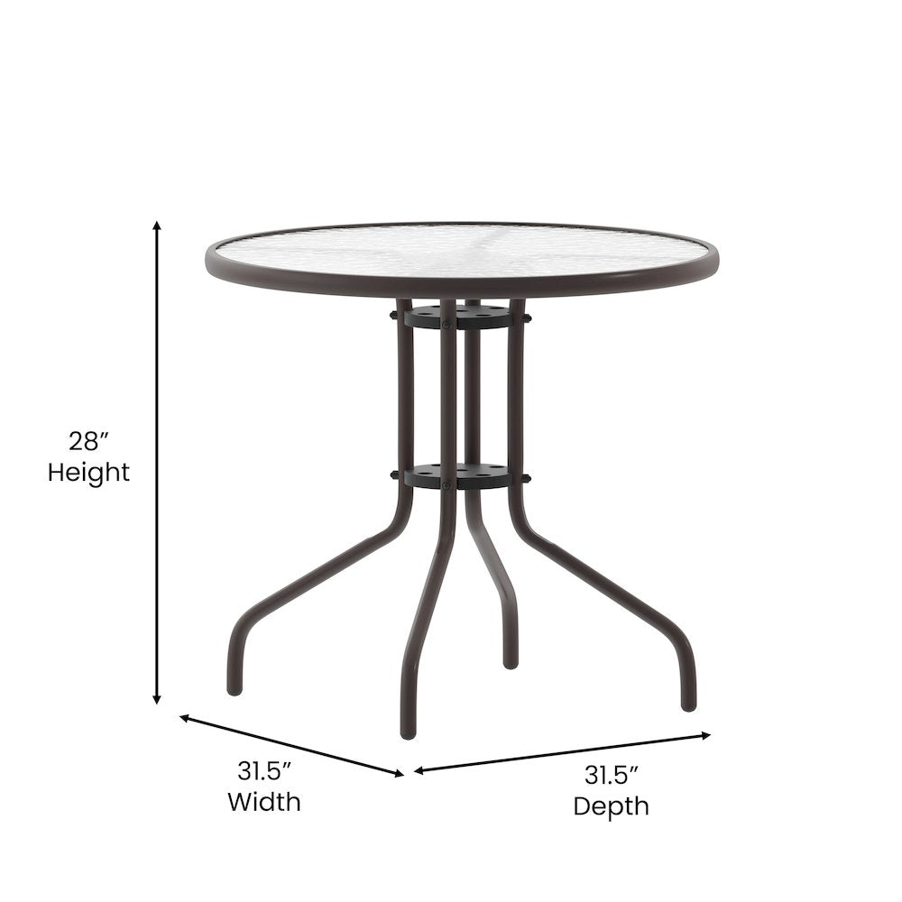 Lila 31.5'' Round Glass Top Metal Table with 4 Bronze Aluminum Slat Stack Chairs