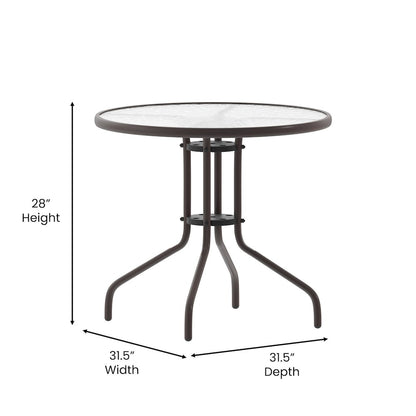 Lila 31.5'' Round Glass Top Metal Table with 4 Bronze Aluminum Slat Stack Chairs