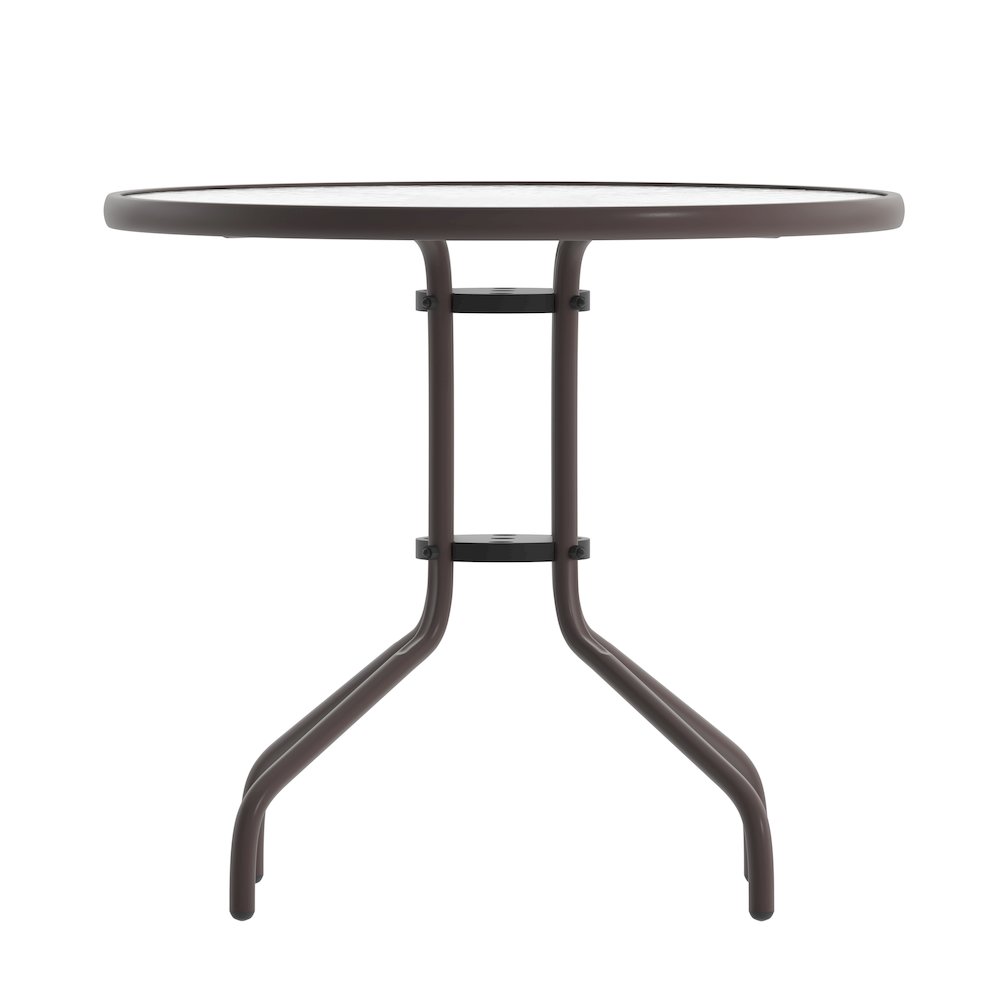 Lila 31.5'' Round Glass Top Metal Table with 4 Bronze Aluminum Slat Stack Chairs