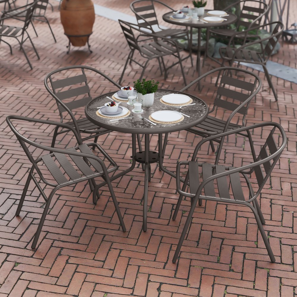 Lila 31.5'' Round Glass Top Metal Table with 4 Bronze Aluminum Slat Stack Chairs