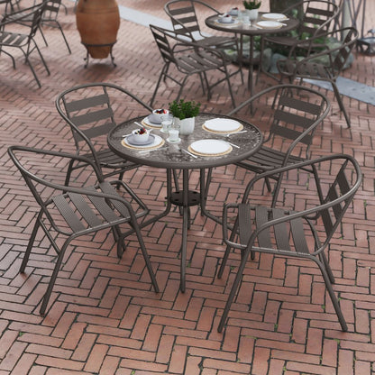 Lila 31.5'' Round Glass Top Metal Table with 4 Bronze Aluminum Slat Stack Chairs