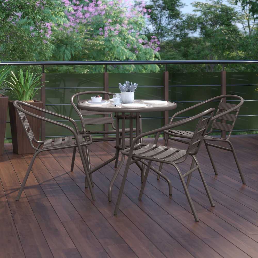 Lila 31.5'' Round Glass Top Metal Table with 4 Bronze Aluminum Slat Stack Chairs