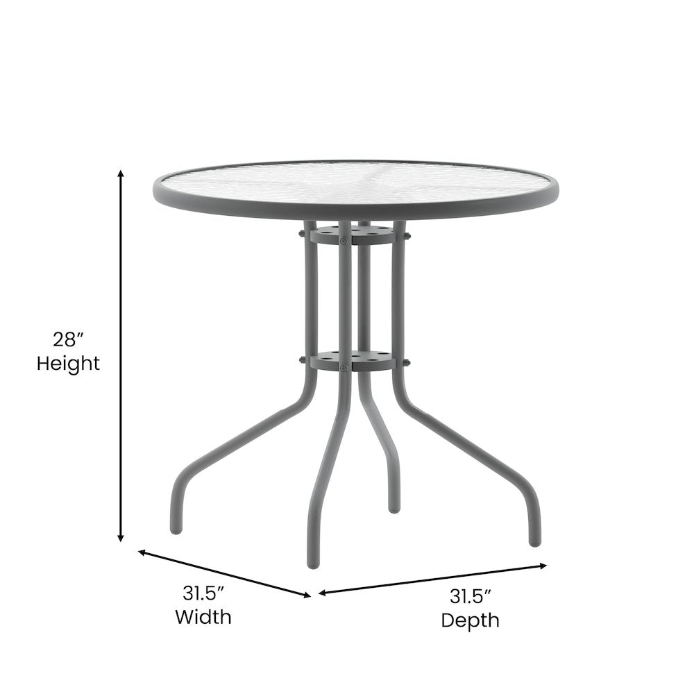 Lila 31.5'' Round Glass Top Metal Table with 4 Silver Aluminum Slat Stack Chairs