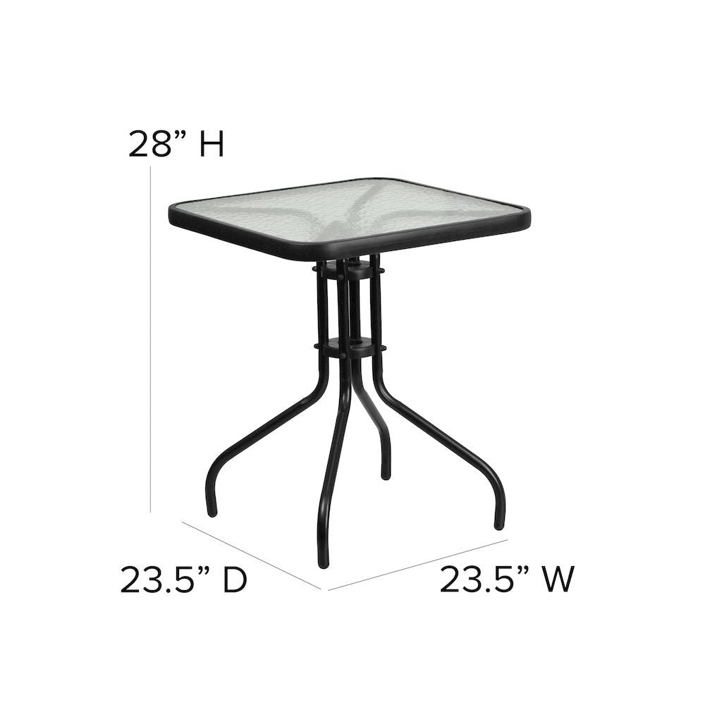 23.5'' Square Glass Metal Table with 2 Black Metal Aluminum Slat Stack Chairs