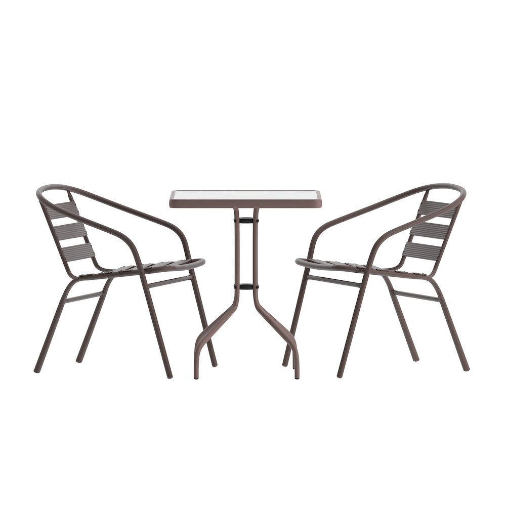 23.5'' Square Glass Top Metal Table with 2 Bronze Aluminum Slat Stack Chairs