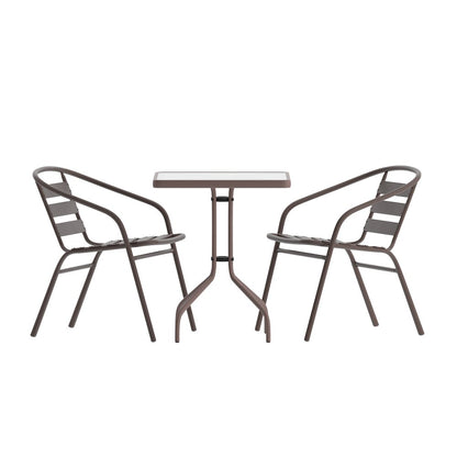 23.5'' Square Glass Top Metal Table with 2 Bronze Aluminum Slat Stack Chairs