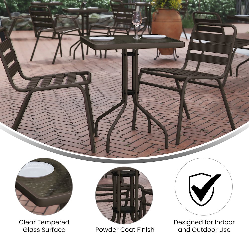 23.5'' Square Glass Top Metal Table with 2 Bronze Aluminum Slat Stack Chairs