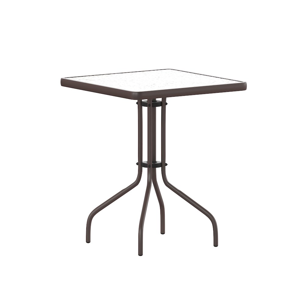 23.5'' Square Glass Top Metal Table with 2 Bronze Aluminum Slat Stack Chairs