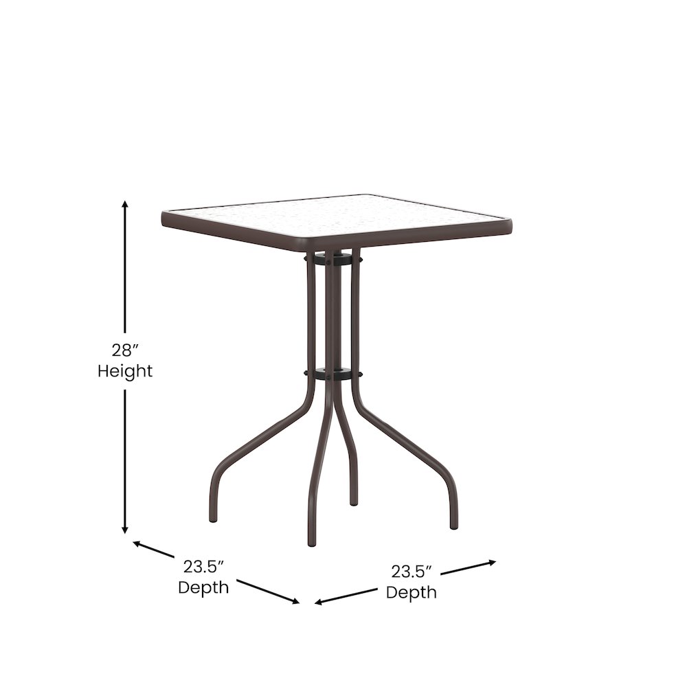 23.5'' Square Glass Top Metal Table with 2 Bronze Aluminum Slat Stack Chairs