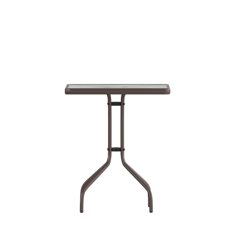 23.5'' Square Glass Top Metal Table with 2 Bronze Aluminum Slat Stack Chairs