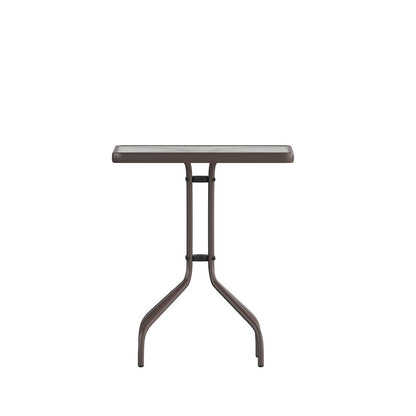 23.5'' Square Glass Top Metal Table with 2 Bronze Aluminum Slat Stack Chairs