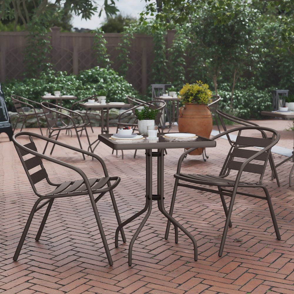 23.5'' Square Glass Top Metal Table with 2 Bronze Aluminum Slat Stack Chairs