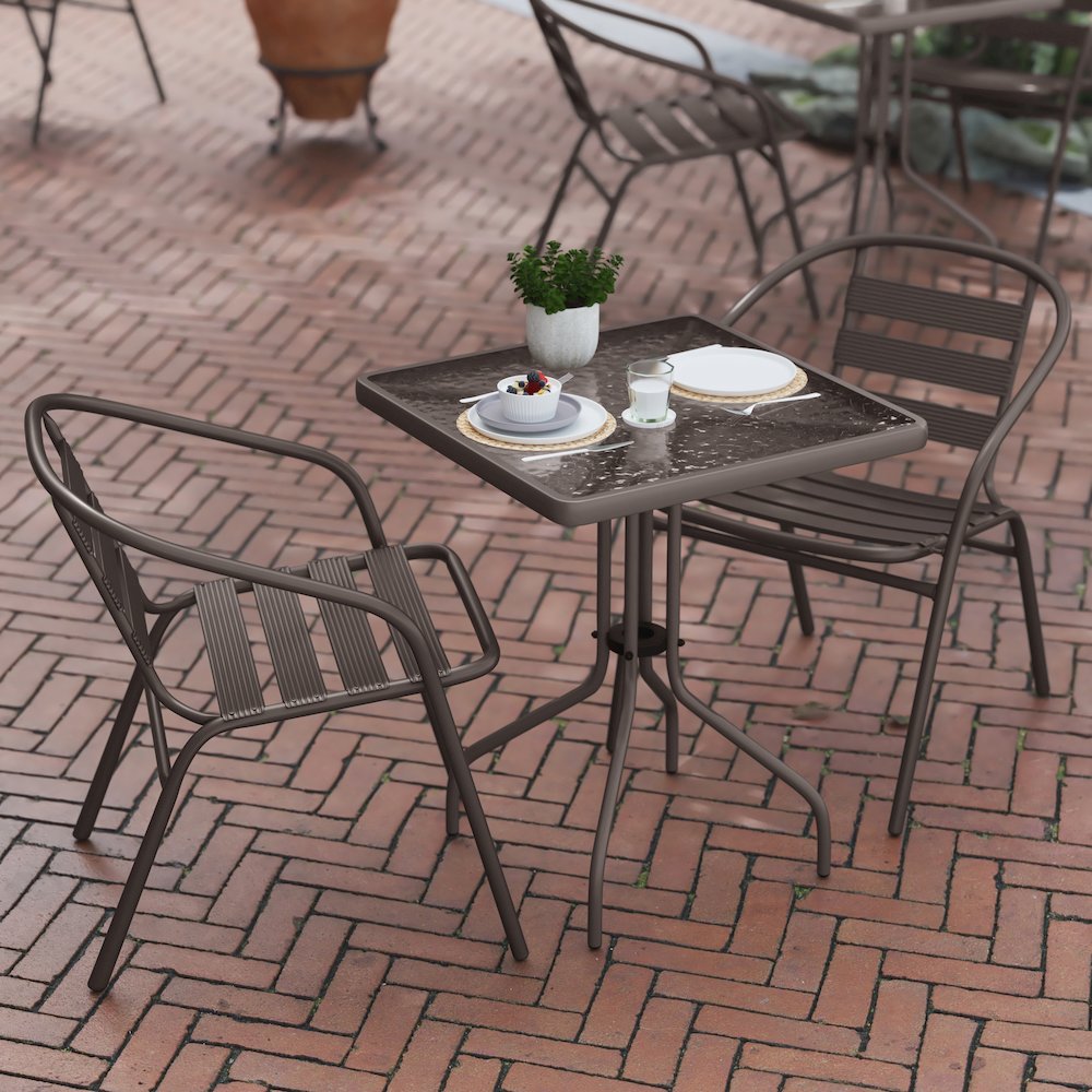 23.5'' Square Glass Top Metal Table with 2 Bronze Aluminum Slat Stack Chairs
