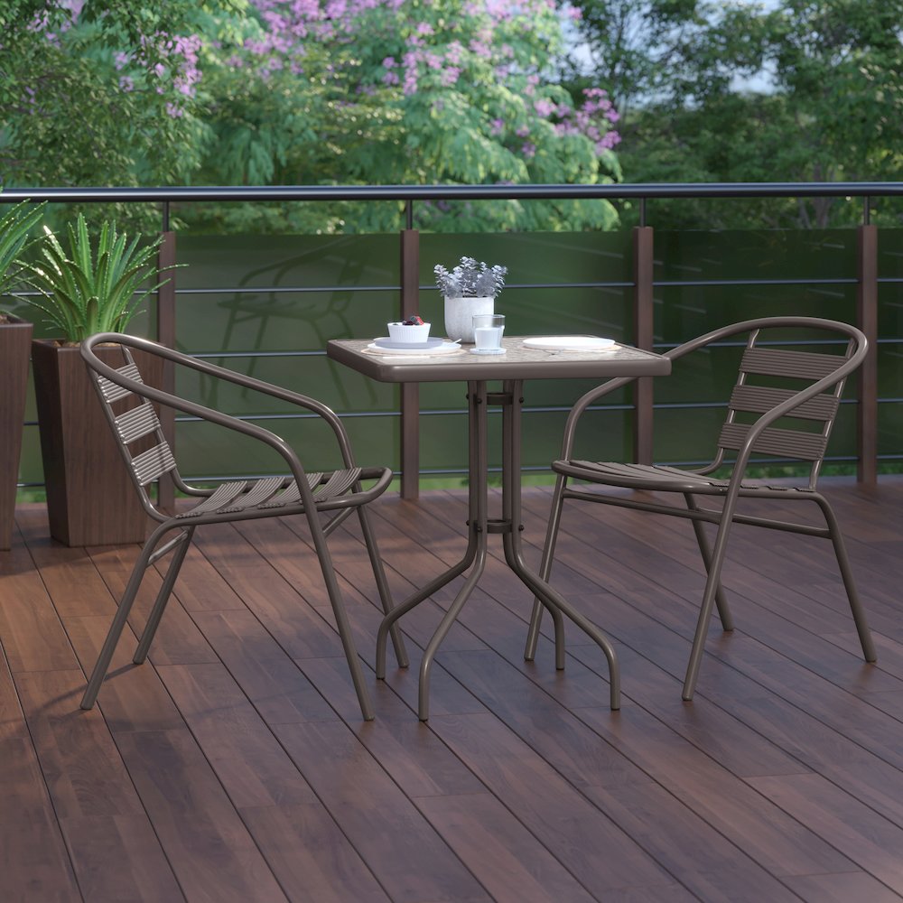 23.5'' Square Glass Top Metal Table with 2 Bronze Aluminum Slat Stack Chairs