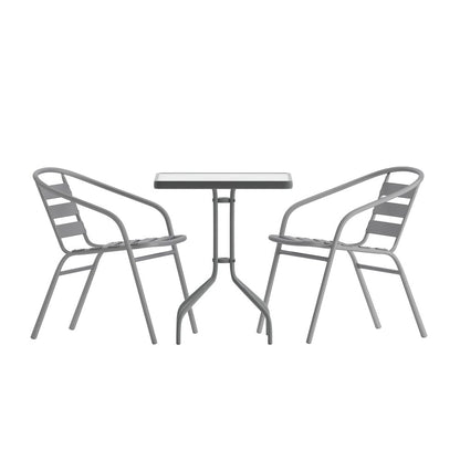 23.5'' Square Glass Top Metal Table with 2 Silver Aluminum Slat Stack Chairs