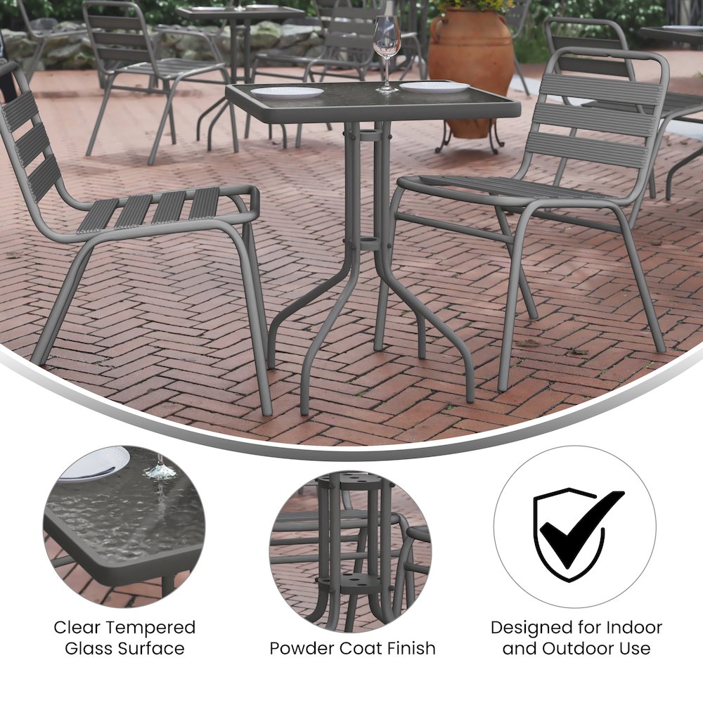 23.5'' Square Glass Top Metal Table with 2 Silver Aluminum Slat Stack Chairs