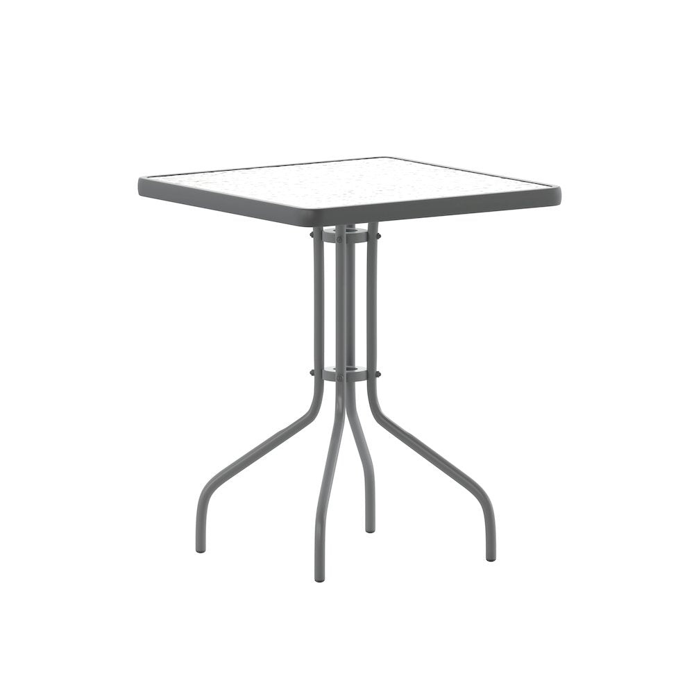 23.5'' Square Glass Top Metal Table with 2 Silver Aluminum Slat Stack Chairs