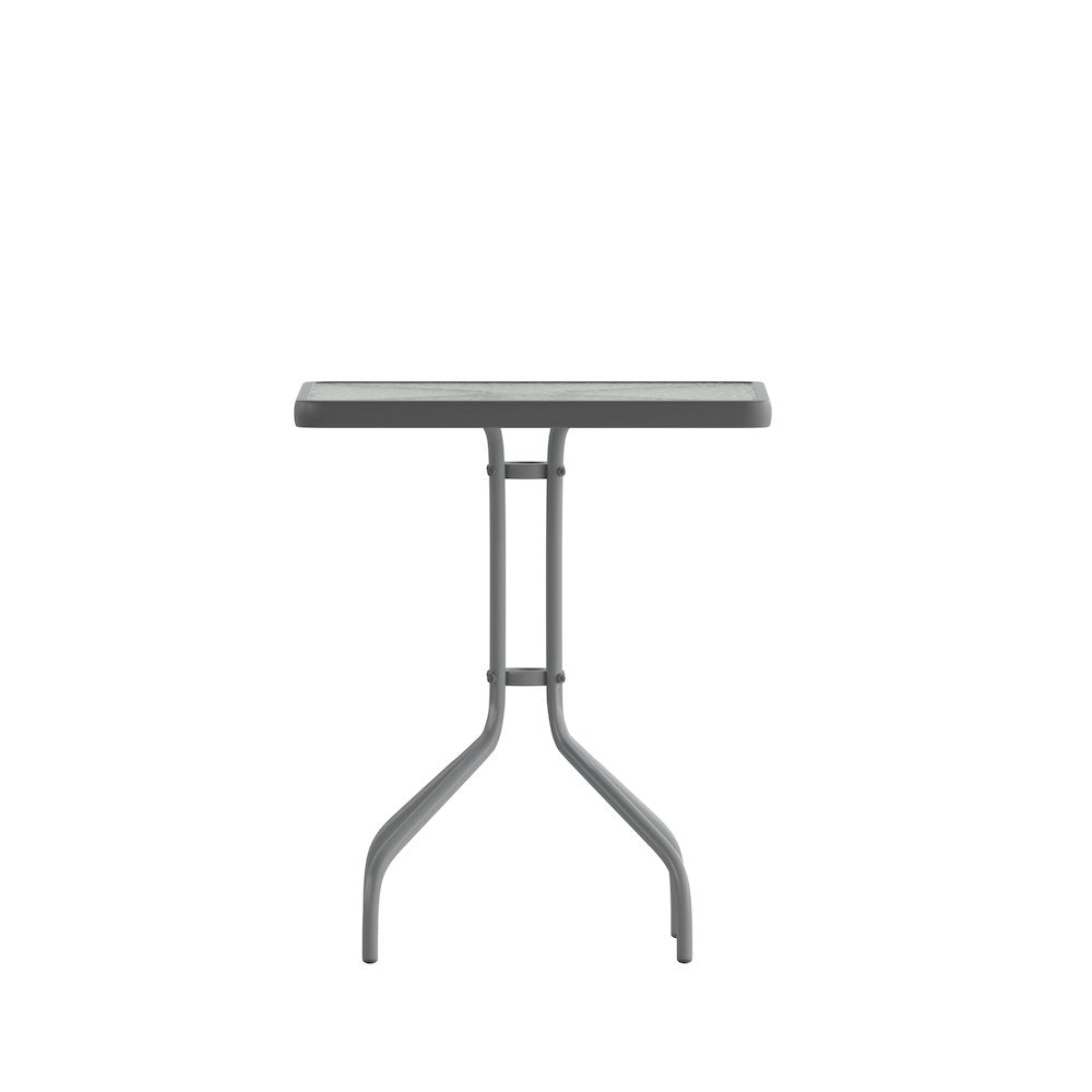 23.5'' Square Glass Top Metal Table with 2 Silver Aluminum Slat Stack Chairs