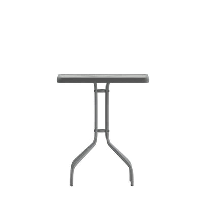 23.5'' Square Glass Top Metal Table with 2 Silver Aluminum Slat Stack Chairs