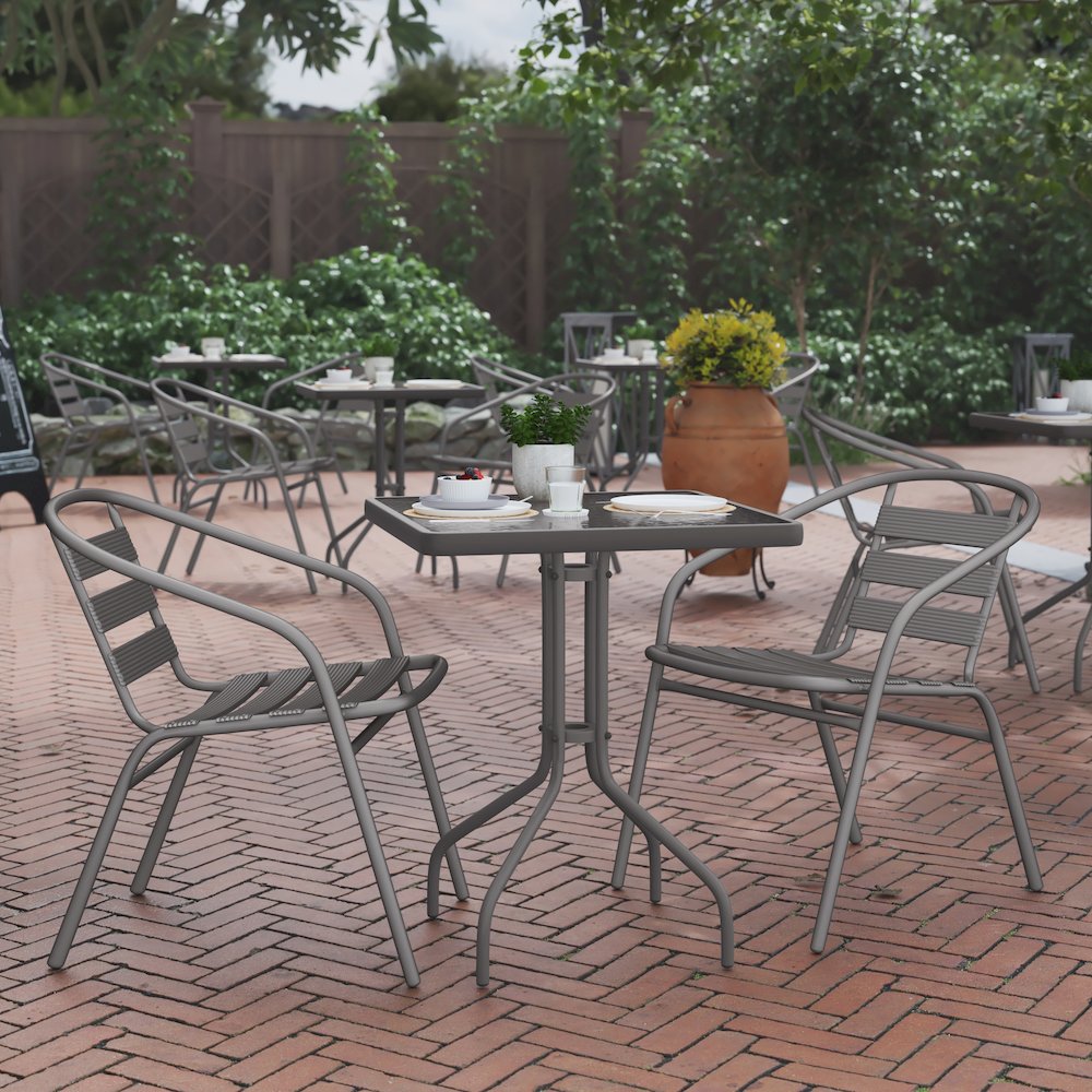 23.5'' Square Glass Top Metal Table with 2 Silver Aluminum Slat Stack Chairs