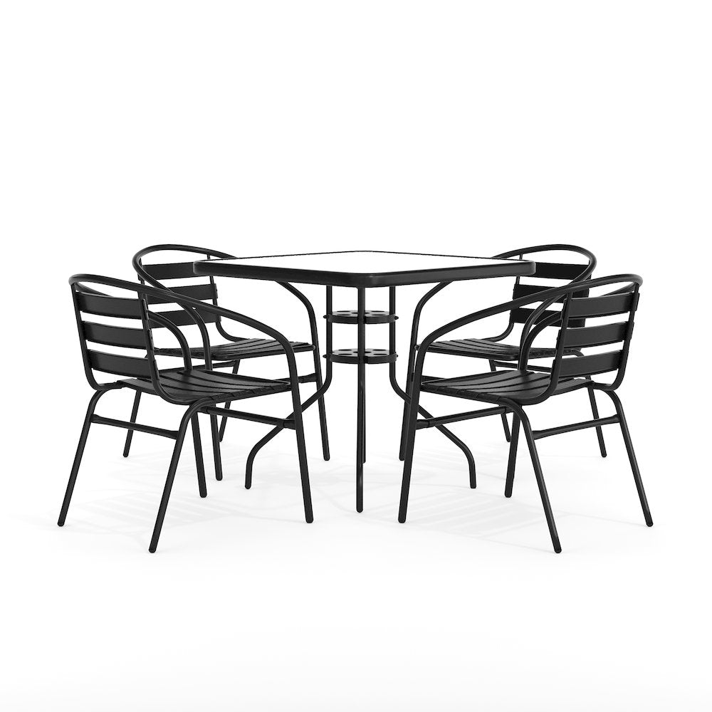 31.5'' Square Glass Metal Table with 4 Black Metal Aluminum Slat Stack Chairs
