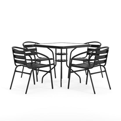 31.5'' Square Glass Metal Table with 4 Black Metal Aluminum Slat Stack Chairs