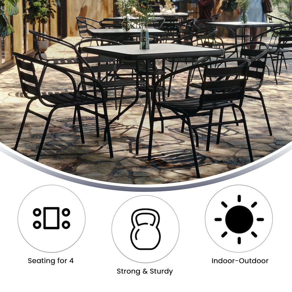 31.5'' Square Glass Metal Table with 4 Black Metal Aluminum Slat Stack Chairs