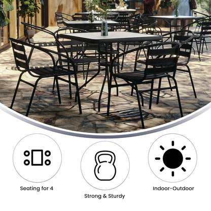 31.5'' Square Glass Metal Table with 4 Black Metal Aluminum Slat Stack Chairs