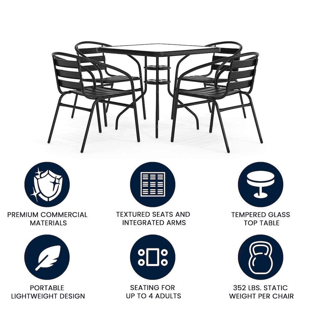 31.5'' Square Glass Metal Table with 4 Black Metal Aluminum Slat Stack Chairs