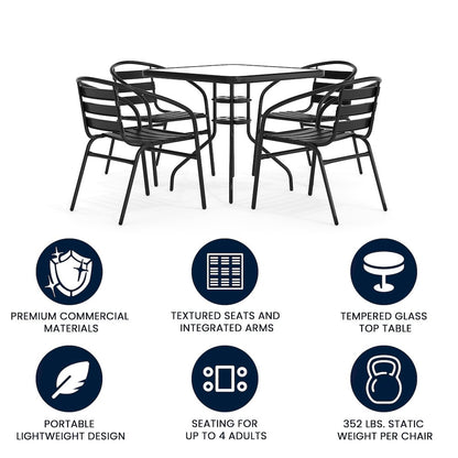 31.5'' Square Glass Metal Table with 4 Black Metal Aluminum Slat Stack Chairs