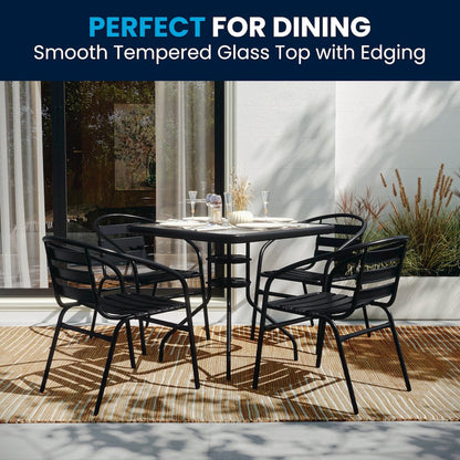 31.5'' Square Glass Metal Table with 4 Black Metal Aluminum Slat Stack Chairs